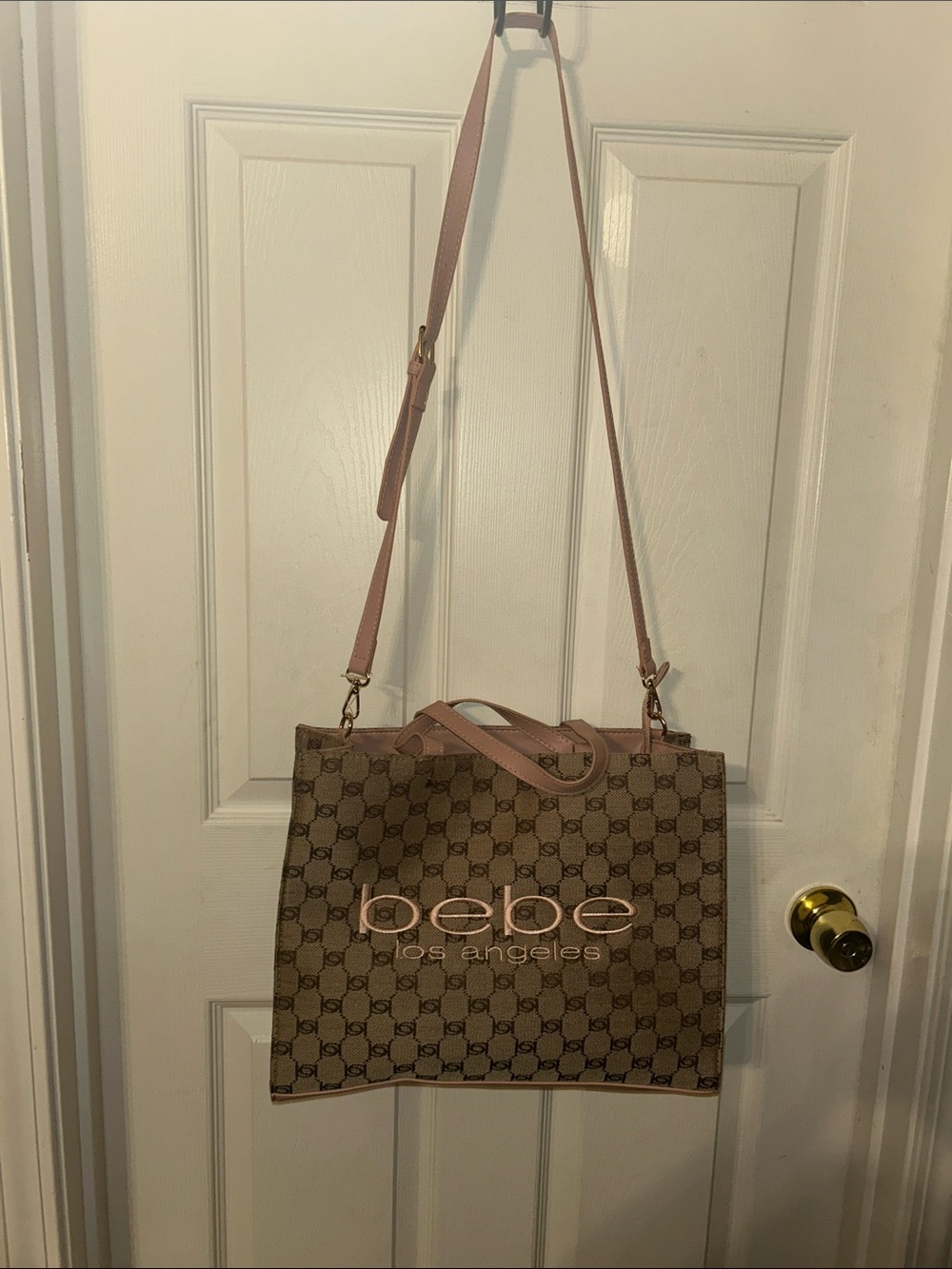 bebe Brown Patterned Tote with Pink Trim and Strap